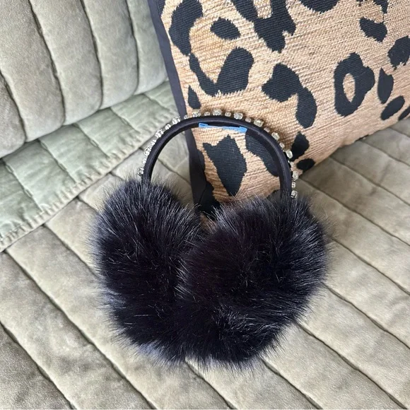 Hill House Noor Earmuffs 🖤 Black Faux Fur Earmuffs with Crystal Studded Band - Picture 2 of 7